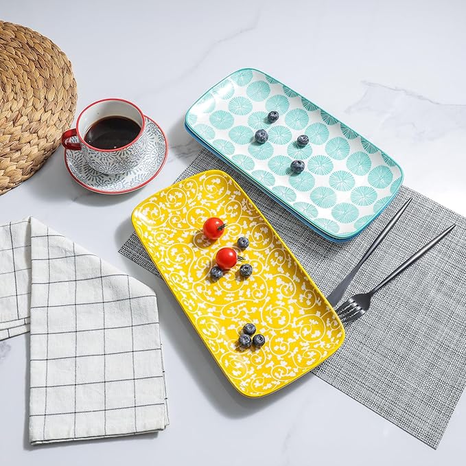 Selamica Ceramic Serving Platters, 14 Inch Serving Trays for Party Entertaining, Large Rectangular Serving Plates for Appetizer, Charcuterie, Dessert, Fruit, Set of 4, Assorted Colors