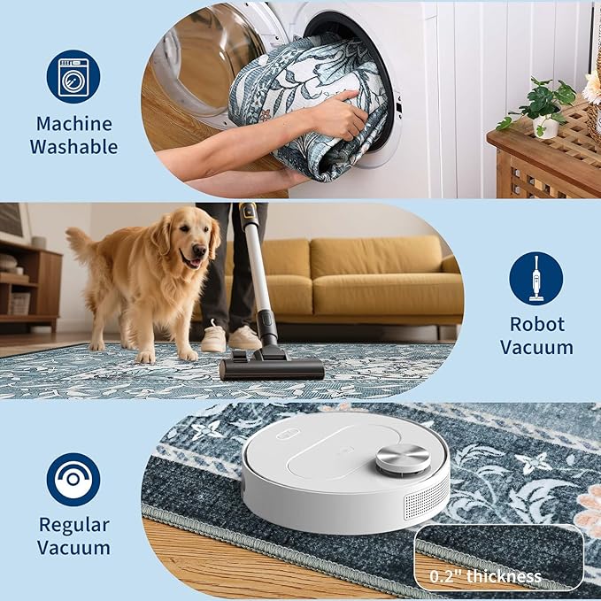 GarveeHome Misty Blue Botanical Grove 4ft Round Rug, Small Circle Vintage Cottagecore Soft Low-Pile Non-Slip Washable Rugs for Living Room Bedroom Nursery Kitchen Retro Carpet