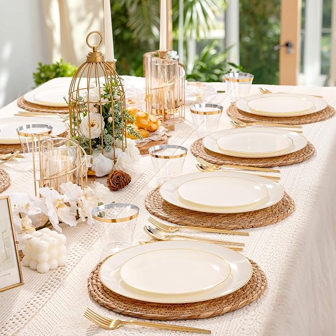 bUCLA 150PCS Ivory Plastic Plates with Gold Trim - Heavy Duty Cream Plastic Disposable for Party & Wedding - Include 25 Each（Dinner & Dessert） Plates, 25 Knives, 25 Forks, 25 Spoons & 25 Cups