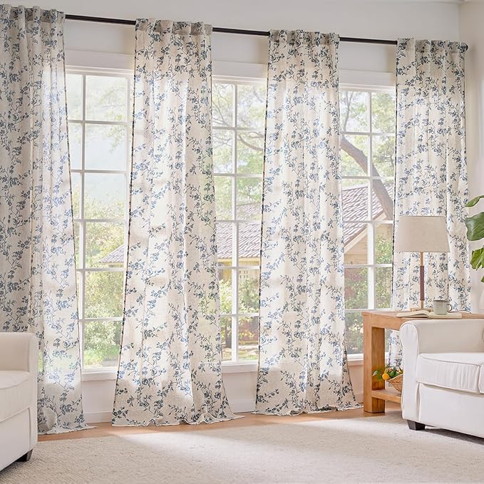Lazzzy Floral Linen Curtains Farmhouse Extra Long Curtain for Living Room Bedroom Light Filtering Vintage Rod Pocket Back Tab Drapes for Home, 2 Panels, Blue on Beige, W38 X L108