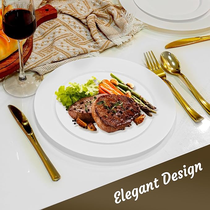 200 PCS White Plastic Plates, Plastic White Plates Disposable Include 100 Dinner Plate and 100 Dessert Plate Perfect for Christmas Party, Holiday, Wedding