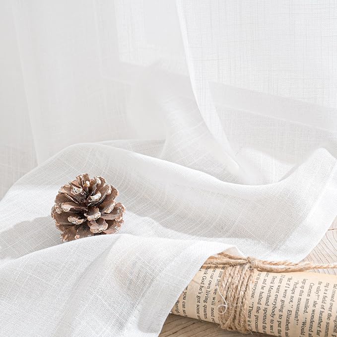 BGment White Linen Semi Sheer Curtains 84 Inch Length for Living Room - Rod Pocket Light Filtering Drapes for Bedroom Dining Long Window Treatments Lightweight, 2 Panels Set, 52 X 84 Inch
