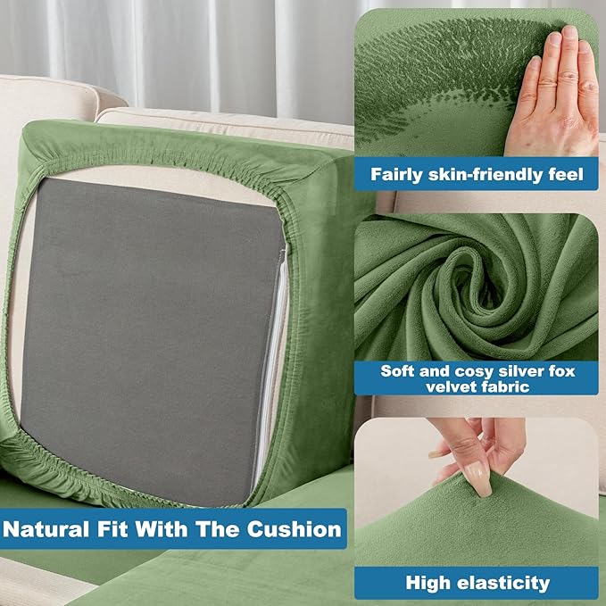 Couch Cover Stretch Velvet Sofa Cushion Cover 2-Piece - Elastic Washable Slipcover for Seat or Backrest, Couch Seat Covers for Sofas (Avocado Green)