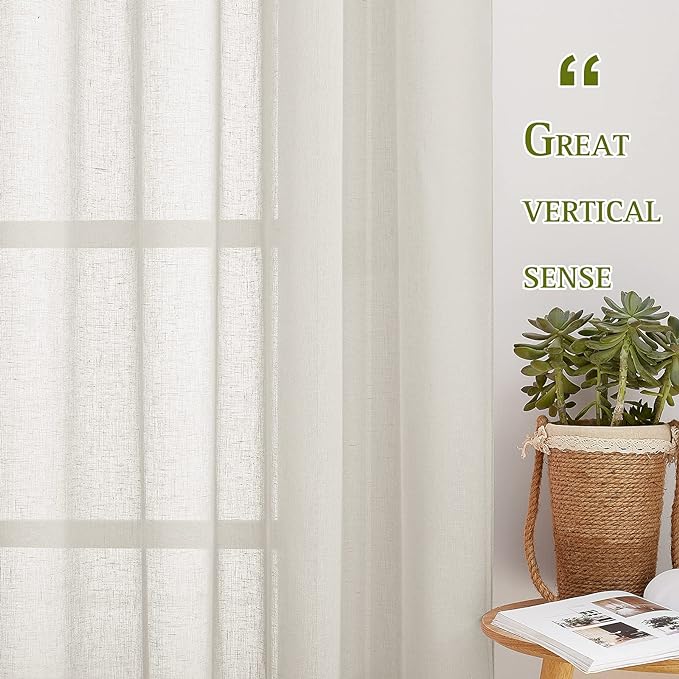 NICETOWN Kitchen Curtains Linen Burlap Drapes for Bedroom, Grommet Top Semi Sheer Privacy Window Treatment Light Filtering for Living Room, Natural, W52 x L45, Set of 2