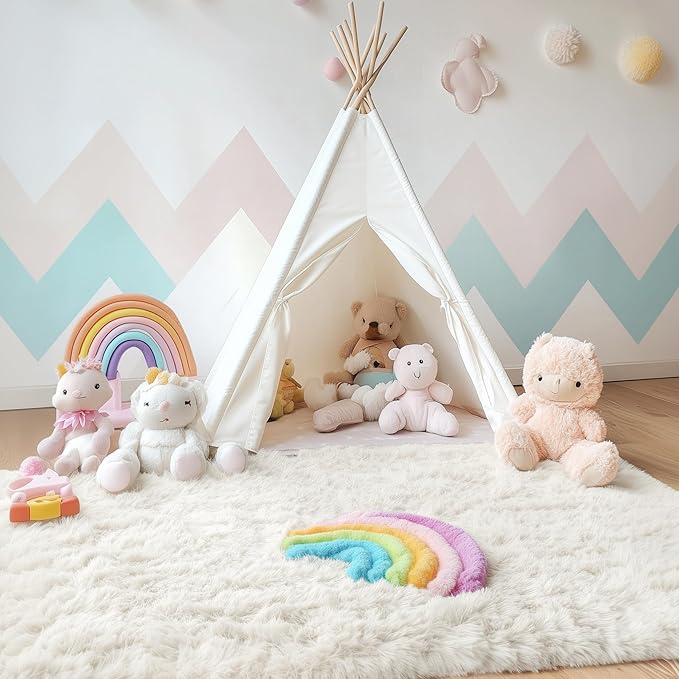 OLANLY 5x7 Machine Washable Large Area Rugs for Living Room, Bedroom, Soft Fluffy Shaggy Bedside Rug, Indoor Floor Carpet for Kids Girls and Boys, Dorms, Nursery, Home Decor Aesthetic, Ivory