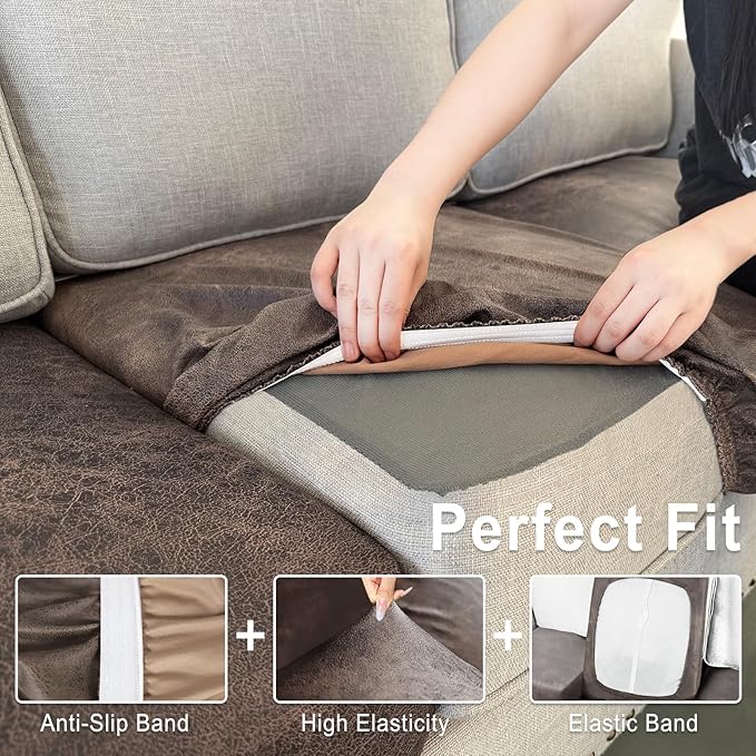 Leather Look Couch Cushion Covers Sofa Seat Slipcovers Sets Couches Furniture Protector for Sectional Armchair Loveseat Pets Kids Stretch Spandex Fabric (3 Cushion Sofa, Brown)