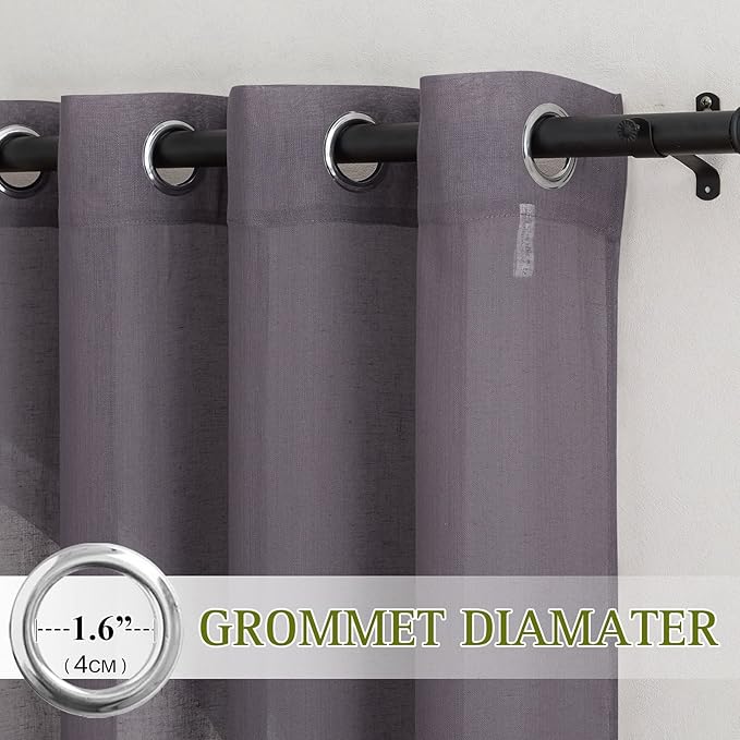 NICETOWN Faux Flax Linen Sheer Living Room Curtains, Grommet Elegant Semi Sheer Curtains Privacy Light Filtering Vertical Drapes for Kids Room/Daughter, W52 x L90, Purple Brown, 2 Panels