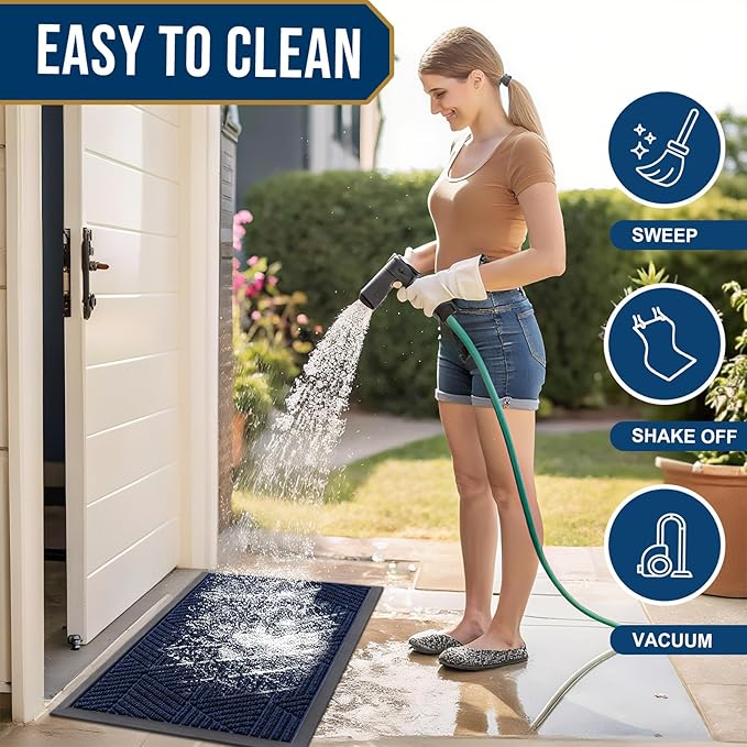 Smiry Front Door Mat Outside Entrance, Heavy Duty Sturdy Natural Rubber Doormat, Trap Dirt and Moisture, Easy Clean Low Profile Mats for Indoor Outdoor Entry, Irregular Triangle (47x32, Royal Blue)