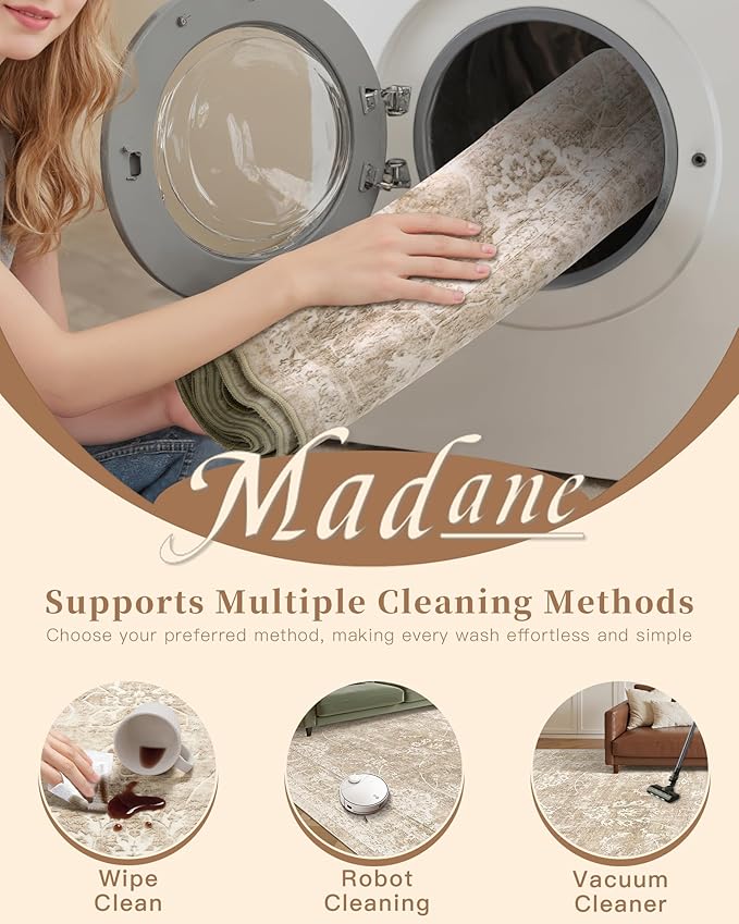 Madane Runner Rug 2x8 for Hallway, Kitchen Non-Slip Runner Rug with Rubber Backing, Vintage Soft Low Pile Throw Neutral Carpet Runner for Laundry Room Entryway Bathroom Bedroom (2 x 8, Beige/Brown)