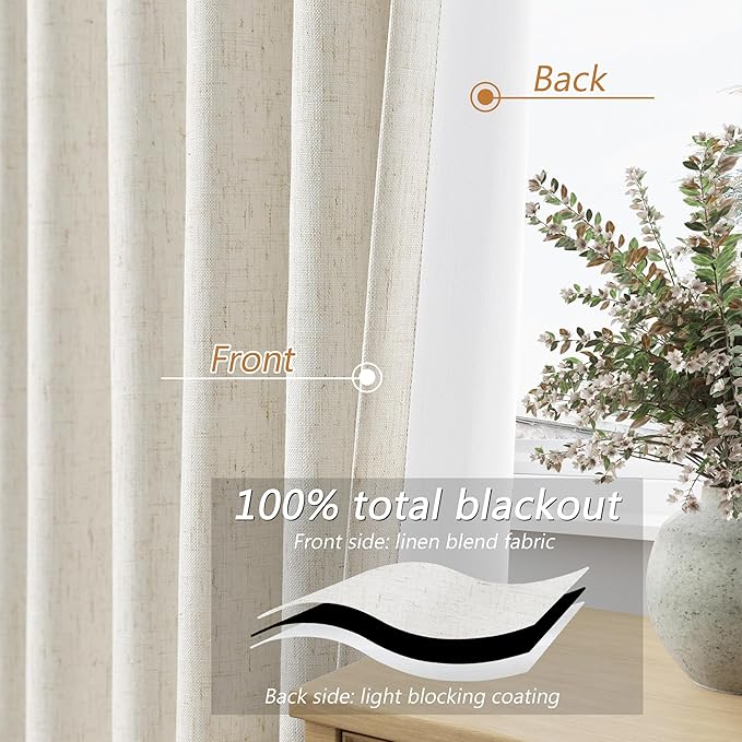 Cream 100% Blackout Linen Curtains 63 Inch Length 2 Panels Set for Living Room Bedroom Back Tab Thermal Insulated Black Out Drapes Room Darkening Farmhouse Style for Bedroom Window Curtains 52x63