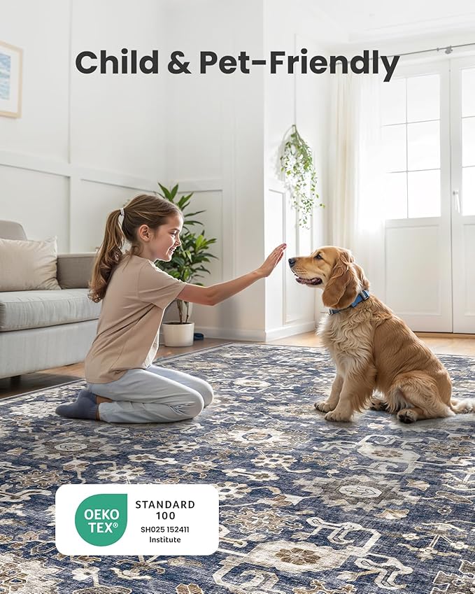 AMADA HOMEFURNISHING 6x9 Area Rugs, Blue Low-Profile Washable Rug with Non-Slip Backing & Durable Edge Binding, Vintage Rugs for Living Room, Bedroom, Dining Room