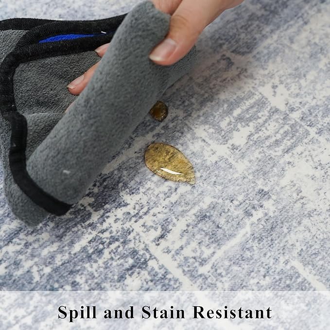 Washable 2x5 Abstract Hallway Runners: Indoor Water Resistant Kitchen Sink Rug Soft Living Room Bedroom Carpet Thin Low Pile Non Slip Floor Mat for Bathroom Entrance Laundry Room(2X5,Blue/Ivory)