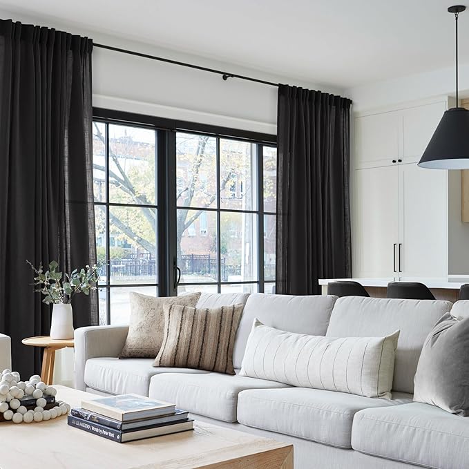 Black Linen Curtains 72 inches Long for Bedroom Back Tab Light Filtering Privacy Semi Sheer Black Curtains Living Room Boho Rustic Farmhouse Cotton Textured Gauze Curtain 2 Panel Set