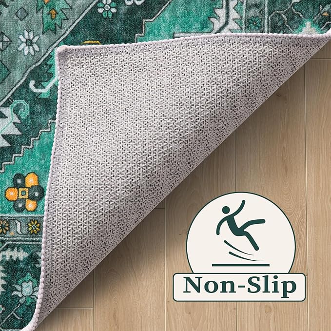 SERISSA 4x6 Boho Bedroom Rug, Washable Non Slip Vintage Teal Area Rugs, Ultra Soft Print Distressed Tribal Entry Rug Low-Pile Throw Carpet for Nursery Dorm Kitchen Living Room Decor