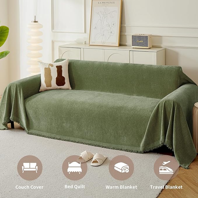 Couch Cover for Dogs, Boho Sofa Covers for 2 Cushion Couch, Chenille Sofa Slipcover for Pets Washable, L-Shape Sectional Couch Loveseat Cover Soft Throw Blankets with Tassels(71x102,Green)