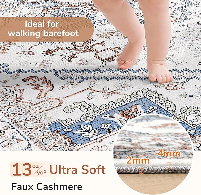 OPPODREAM Soft 6x9 Area Rugs, Neutral Washable Rug 6x9 with Non Slip Backing, Faux Cashmere Low-Pile 6 x 9 Carpet, Cream White & Blue & Light Brown