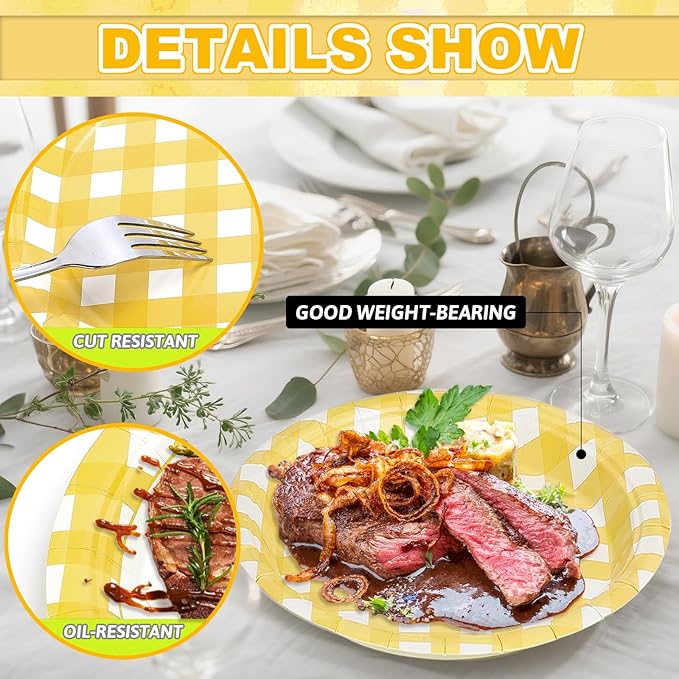 32 Pcs Yellow Gingham Party Plates - 9 Inch Checkered Plaid Dessert Plates Disposable Yellow and White Paper Plate - For Picnic BBQ Birthday Dinner Party Supplies