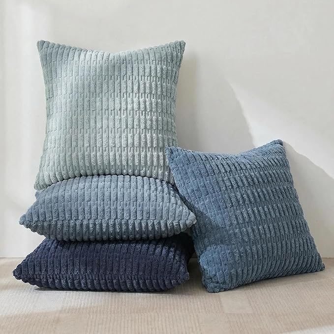 Fancy Homi Set of 4 Blue Decorative Throw Pillow Covers 16x16 Inch for Couch Bed Chair, Modern Farmhouse Boho Room Decor, Soft Fuzzy Corduroy Textured Striped Coastal Blue Cushion Case 40cm