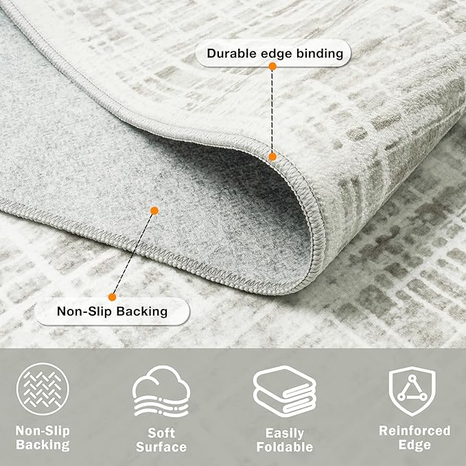 9x12 Area Rugs Washable Rug: Anti-Skid Abstract Modern Living Room Rug Soft Thin Carpets Indoor Floor Non-Shedding Carpet for Bedroom Dining Farmhouse Nursery Home Office (White Gray, 9'x12')