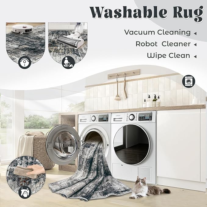 6x9 Area Rugs for Living Room, Washable Modern Abstract Large Area Rug Neutral Soft Non Slip Kids Rug Stain Resistant Indoor Carpet for Bedroom Nursery Dining Room Playroom(BlackGrey, 6'x9')