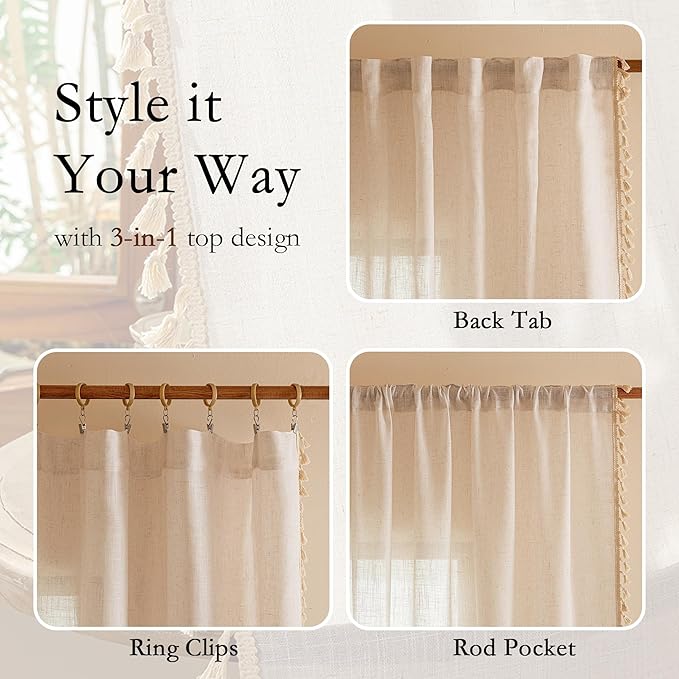 MYSKY HOME Natural Macrame Curtains 96 Inch Length for Living Room, Farmhouse Bohemian Vintage Back Tab，Light Filtering Privacy Protect Drapes for Bedroom, 50" W×96" L, Natural, 2 Panels