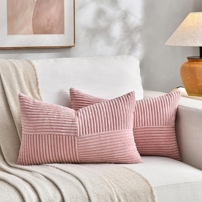 Fancy Homi 2 Packs Blush Pink Long Lumbar Decorative Throw Pillow Covers 12x24 Inch for Couch Bed Sofa, Rustic Farmhouse Boho Home Decor, Soft Striped Corduroy Rectangle Accent Cushion Case 30x60 cm