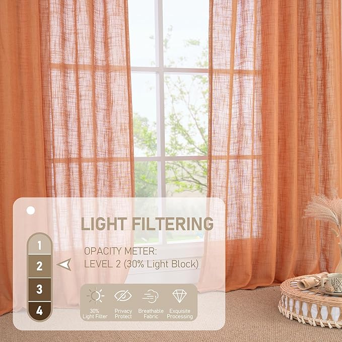 LAMIT Burnt Orange Sheer Linen Curtains, 80 inch Light Filtering Semi Sheer Panels Back Tab and Rod Pocket Farmhouse Rust Drapes for Bedroom/Living Room, 2 Panels, 52 x 80 Inch