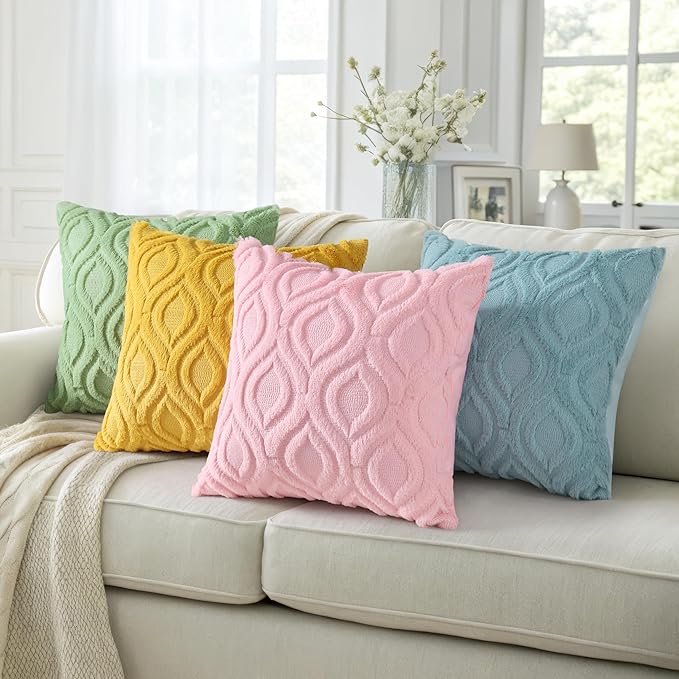 decorUhome Summer Throw Pillow Covers 20x20 Inch Set of 2, Soft Plush Faux Wool Aqua Solid Couch Pillow Covers, Accent Farmhouse Neutral Square Pillow Cases for Sofa Bed Living Room