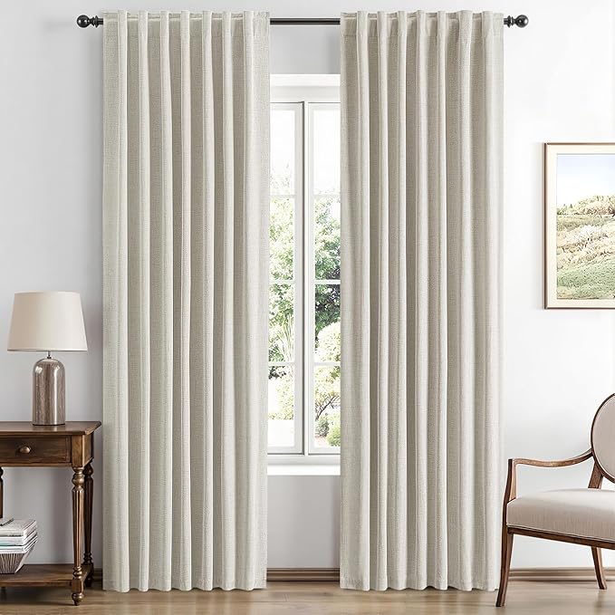 MIULEE 100% Blackout Linen Curtains for Bedroom, Light Cream Solid Luxury Decor Thermal Insulation Room Darkening Drapes for Living Room Nursery Back Tab Rod Pocket 42 x 90 Inches, 2 Panels