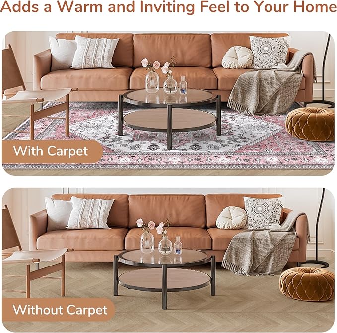 OPPODREAM Soft 8x10 Area Rugs, Washable Rugs 8x10 with Non Slip Backing, Faux Cashmere Low-Pile 8 x 10 Carpet, Pink & Cream