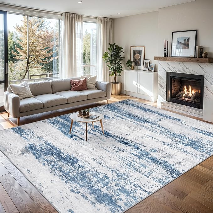 Area Rugs 10x14 Living Room - Washable Rug Modern Abstract Soft Large Neutral Non-Slip Carpet Indoor Floor Thin Carpets for Bedroom Dining Room Farmhouse Nursery Home Office White Blue Grey