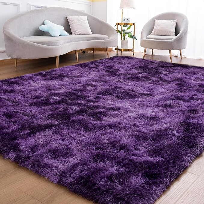 Goideal Fluffy Rug for Bedroom Living Room, 4x6 Purple Area Rugs, Faux Fur Shag Modern Carpet Ultra Soft Girls Boys Room Home Decor, Tie-Dyed