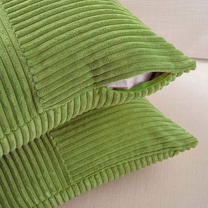 Fancy Homi Set of 2 Lime Green Euro Decorative Throw Pillow Covers 28x28 Inch for Bedroom Couch Bed, Farmhouse Boho Home Decor, Soft Cross Corduroy Patchwork Textured Square Cushion Case 71x71 cm