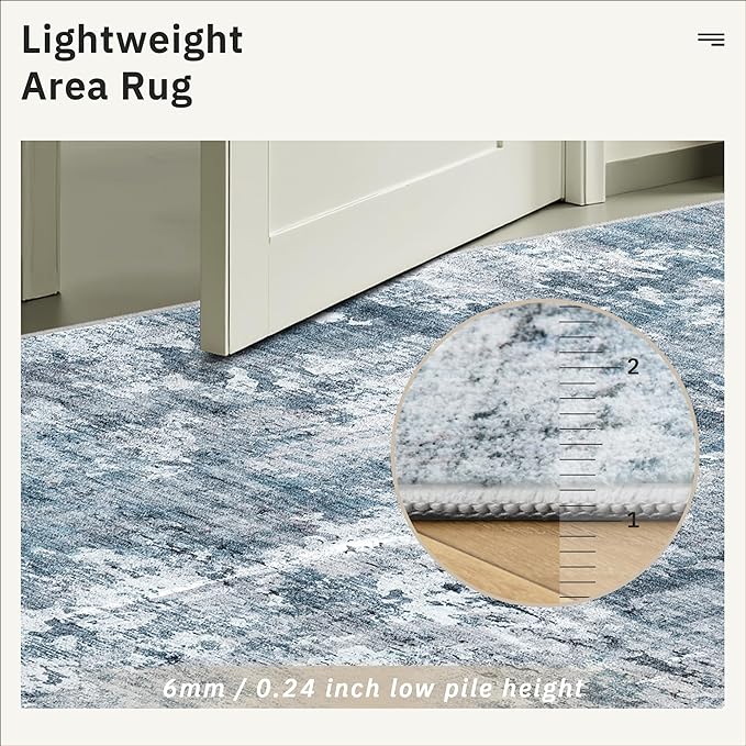 5x8 Area Rugs Blue/Grey Low Pile Indoor Washable Trendy Faded Style Rugs for Bedroom Living Room Dining Room Foldable Non-Slip Thin Print Home Office Mat