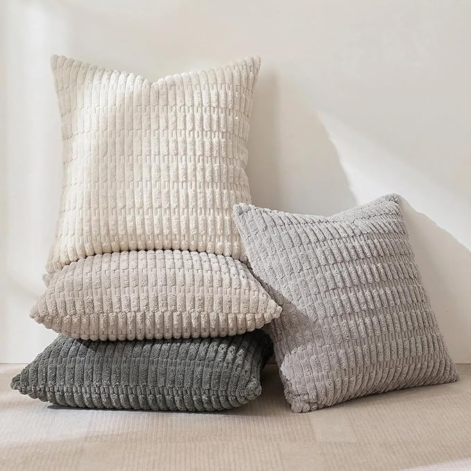 Fancy Homi Set of 4 Grey and White Decorative Throw Pillow Covers 14x14 Inch for Couch Bed Chair, Modern Farmhouse Boho Room Decor, Soft Fuzzy Double Sided Corduroy Textured Striped Cushion Case 35cm