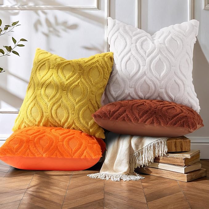 decorUhome Throw Pillow Covers 20x20 Inch Set of 2, Soft Plush Faux Wool Cream White Solid Couch Pillow Covers, Accent Farmhouse Neutral Square Pillow Cases for Sofa Bed Living Room