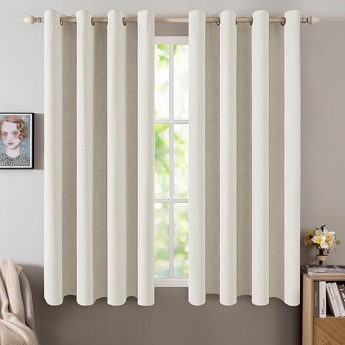 MIULEE Linen Texture Curtains for Bedroom Solid 100% Blackout Thermal Insulated Linen Beige Curtains Grommet Room Darkening Drapes for Living Room Nursery 52x63 Inch (2 Panels)