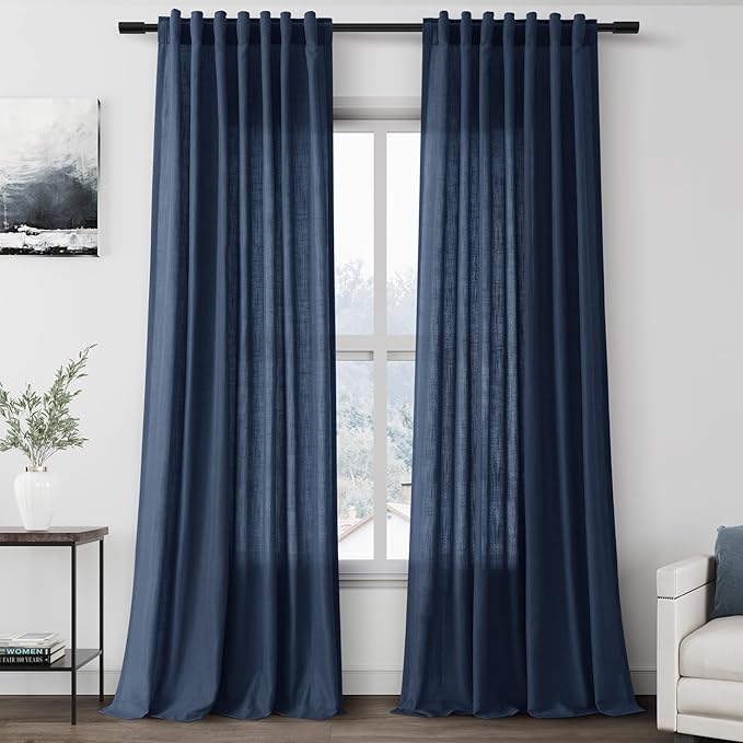 Denim Blue Linen Curtains 102 Inches Long Rod Pocket Back Tab Drapes 2 Panels Set for Living Room Sheer Light Filtering Semi Sheer Denim Blue Curtain 102 Length for Patio Sliding Glass Door 52x102