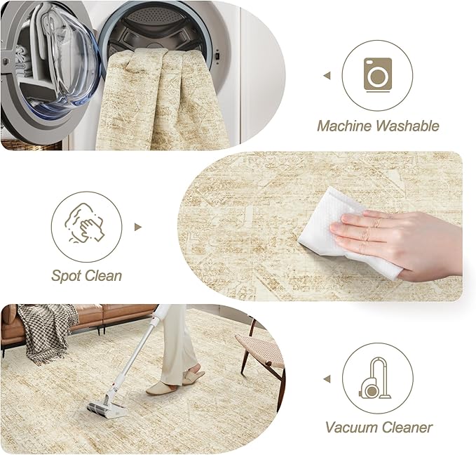 Washable Area Rug 9x12, Large Soft Rugs for Living Room Vintage Beige Rug 9x12 Area Rugs for Bedroom Dining Room Floral Non-Slip Thin Rug