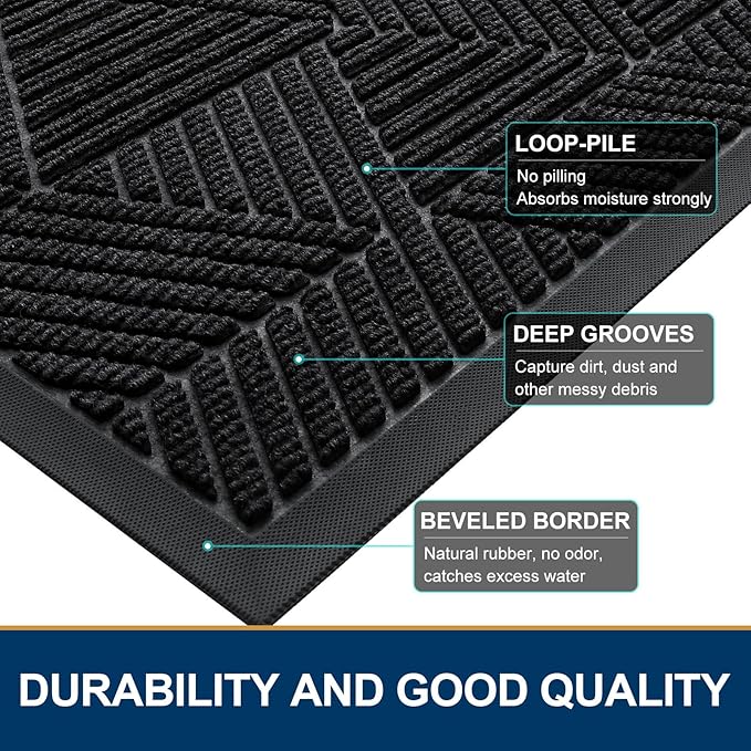 Smiry Half Circle Front Door Mat Outside Entrance, Heavy Duty Sturdy Natural Rubber Doormat, Trap Dirt and Moisture, Low Profile Mats for Indoor Outdoor Entry, Irregular Triangle (29.5x17, Black)