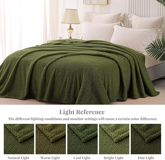 Whale Flotilla Queen Size Fuzzy Fleece Blanket, Fluffy Warm Soft Jacquard Bed Blankets for All Season, Lightweight and Cozy, 90x90 Inch, Olive