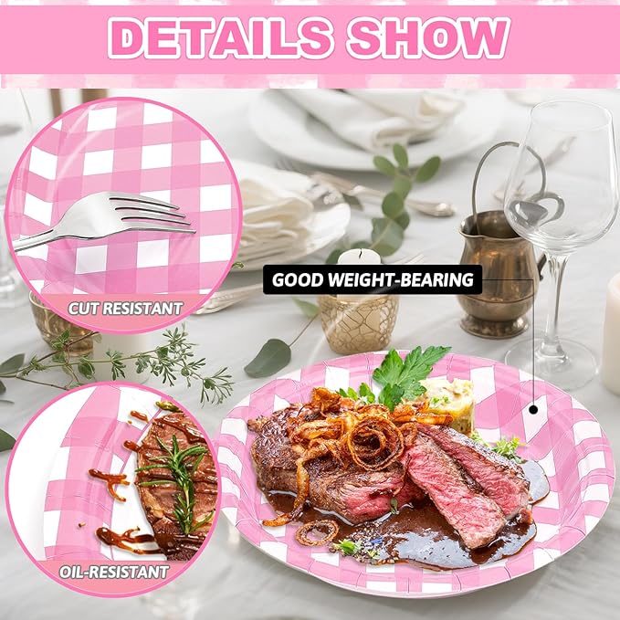 32 Pcs Pink Gingham Party Plates - 9 Inch Checkered Plaid Dessert Plates Disposable Pink and White Paper Plate - For Picnic BBQ Birthday Dinner Party Supplies