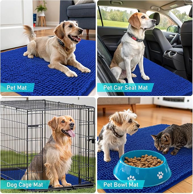OLANLY Dog Door Mat for Muddy Paws 35x24, Absorbs Moisture and Dirt, Absorbent Non-Slip Washable Doormat, Quick Dry Chenille Mud Mat for Dogs, Entry Indoor Entryway Carpet for Inside Floor, Royal Blue