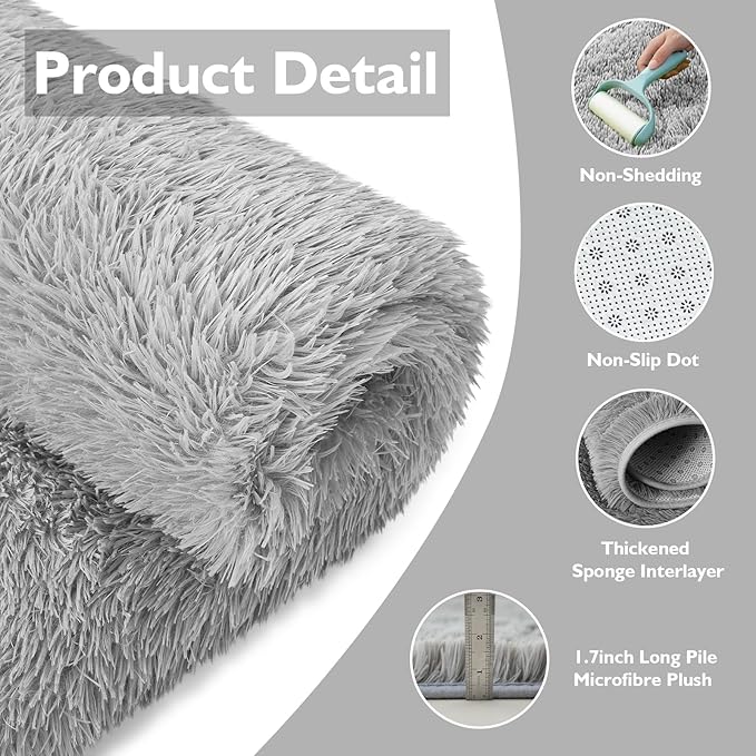 Ultra Soft Fluffy Area Rugs for Bedroom Living Room 10x14, Nursery Rug, Non-Slip Carpet for Kids Dorms Decor, Shaggy Bedside Rug, Light Grey