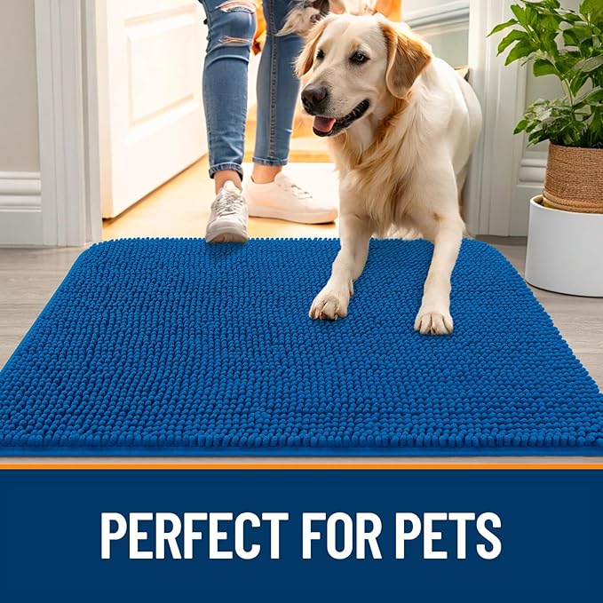 OLANLY Dog Door Mat for Muddy Paws 59x20, Absorbs Moisture and Dirt, Absorbent Non-Slip Washable Doormat, Quick Dry Chenille Mud Mat, Entry Indoor Entryway Carpet for Inside Floor, Deep Navy Blue