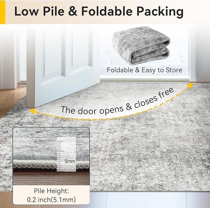 Washable Area Rugs 5'x7' Non-Slip Modern Abstract Soft for Living Room Entryway Bedroom Nursery, Print Pattern, Gray White Grey