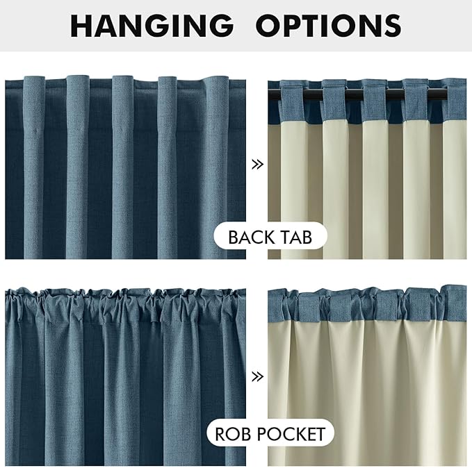 MIULEE 100% Blackout Linen Curtains for Bedroom, Stone Blue Solid Luxury Decor Thermal Insulation Room Darkening Drapes for Living Room Nursery Back Tab Rod Pocket 42 x 90 Inches, 2 Panels
