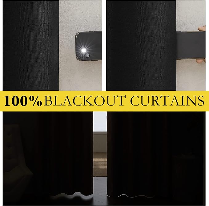 NICETOWN Vintage Open Linen Weave Flax Thermal Curtains, 100% Blackout Curtains 48 inches Long for Dining Room, Soundproof Window Treatment Drapes for Cupboard, Black, 52" Wide Per Panel, Set of 2