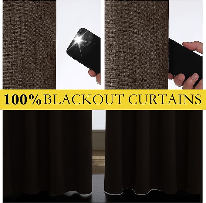 NICETOWN Coffee Vintage Linen 100% Blackout Curtains for Living Room, Thermal Insulated Curtains 102" Long, Noise Reducing Window Treatment Drapes for Hall Room, 52" Wide Per Panel, Set of 2