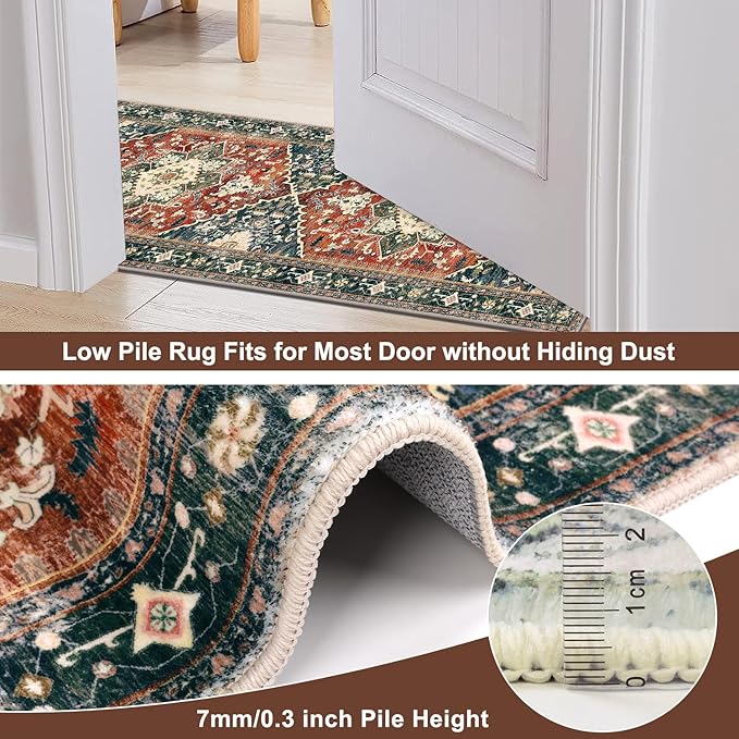 Yamaziot Washable Runner Rug, 2x6 Non-Slip Boho Vintage Hallway Rug Runner with Rubber Backing, Stain Resistant & Low Pile Faux Wool Distressed Carpet Runner for Kitchen, Laundry, Entrance